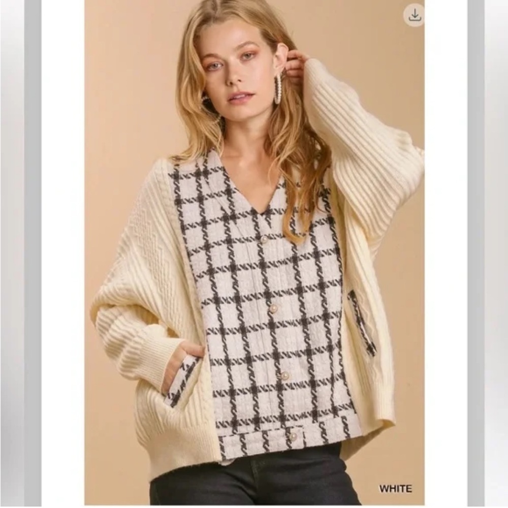 Umgee Cream and Black Patterned Cardigan Sweater Size Small